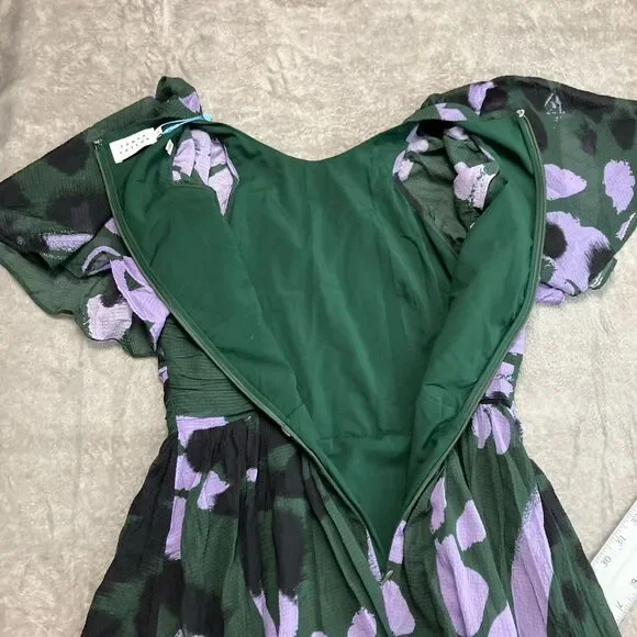 Tanya Taylor Angele Dress Womens S Green Floral Silk Flutter Sleeve Mini Spring - Picture 9 of 11